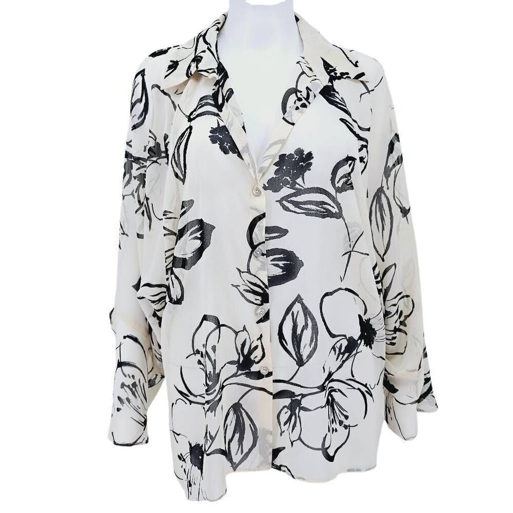 Zara Sheer Floral Button Up Short White L New